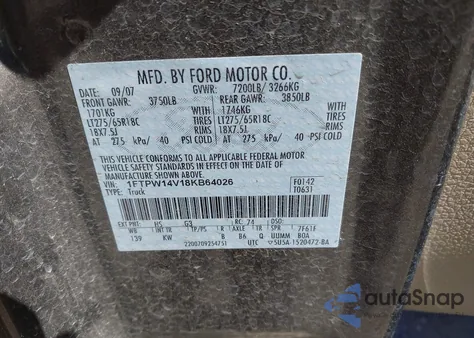 2008 Ford F-150 60Th Anniversary/Fx4/King Ranch/Lariat/Xlt from USA, damaged, VIN 1FTPW14V18KB64026